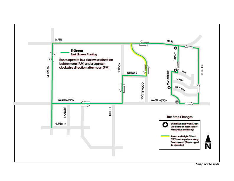 5E/W Green Rerouting in East Urbana during Weekdays