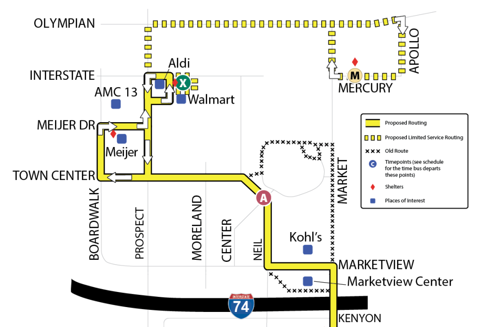 Map showing new proposed routing for the 1/100 Yellow serving North Champaign