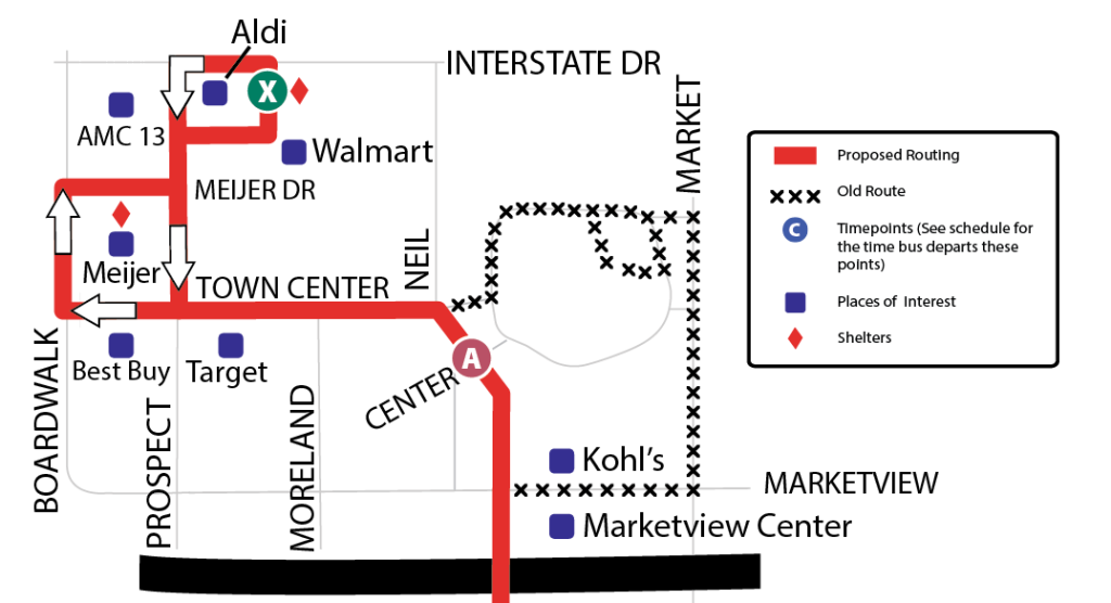 Map showing new proposed routing for the 20 Red, including service to Walmart