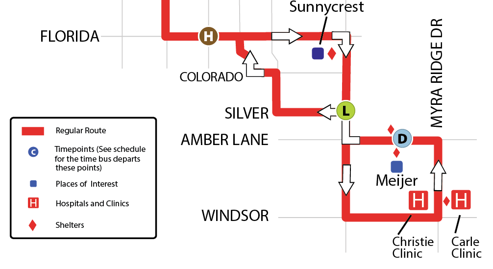 Map showing new proposed routing for the 20C Red Saturday, with service to Urbana Meijer