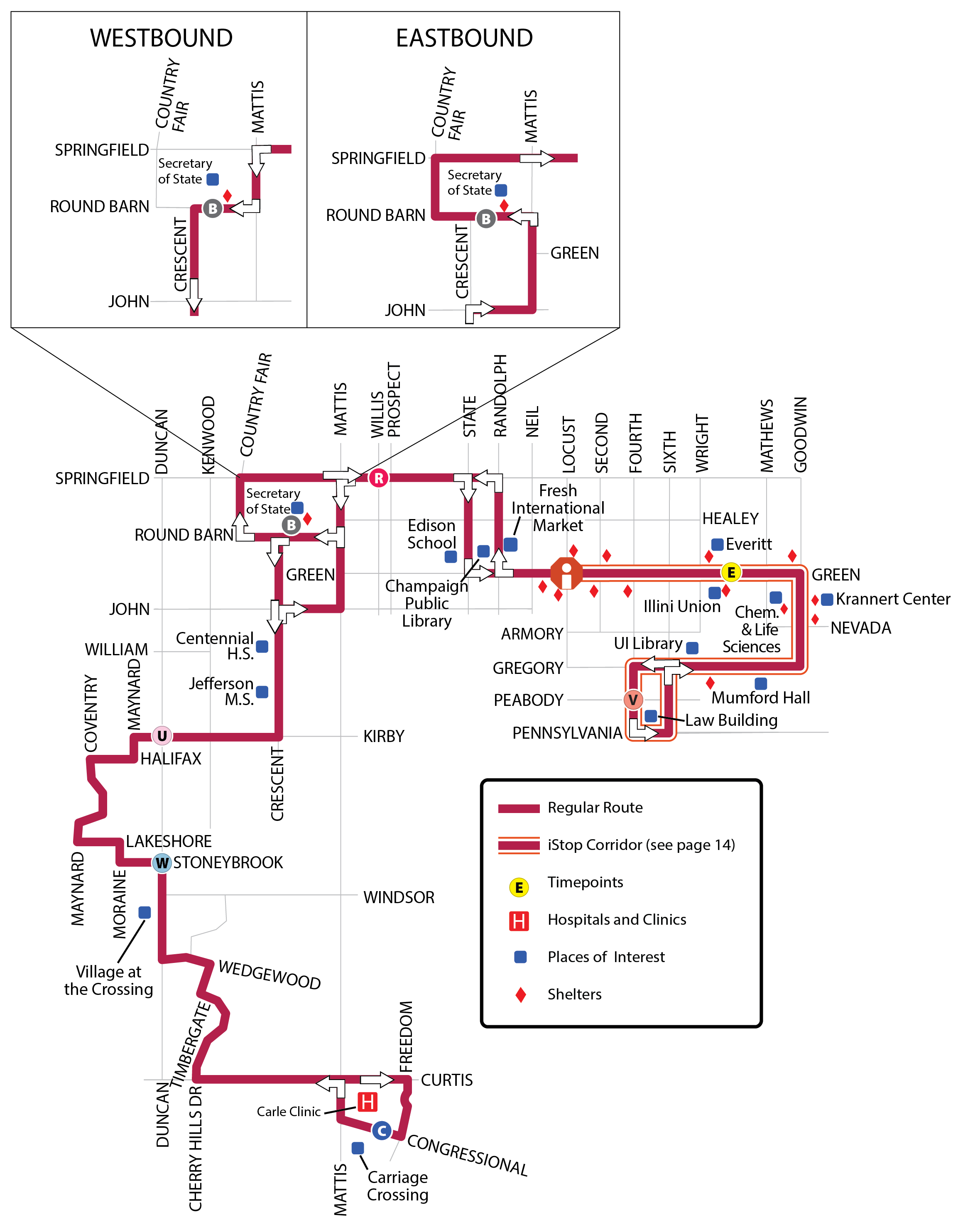 Map illustrating a proposed new routing, serving Carle Clinic on Curtis, the Cherry Hills neighborhood, Village at the Crossing, Maynard Lake, Round Barn Road, Springfield Avenue, Champaign Public Library, Green Street, and South Campus.