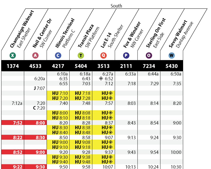Proposed updated weekday schedule for the Yellow route for the 2026–2027 service year.