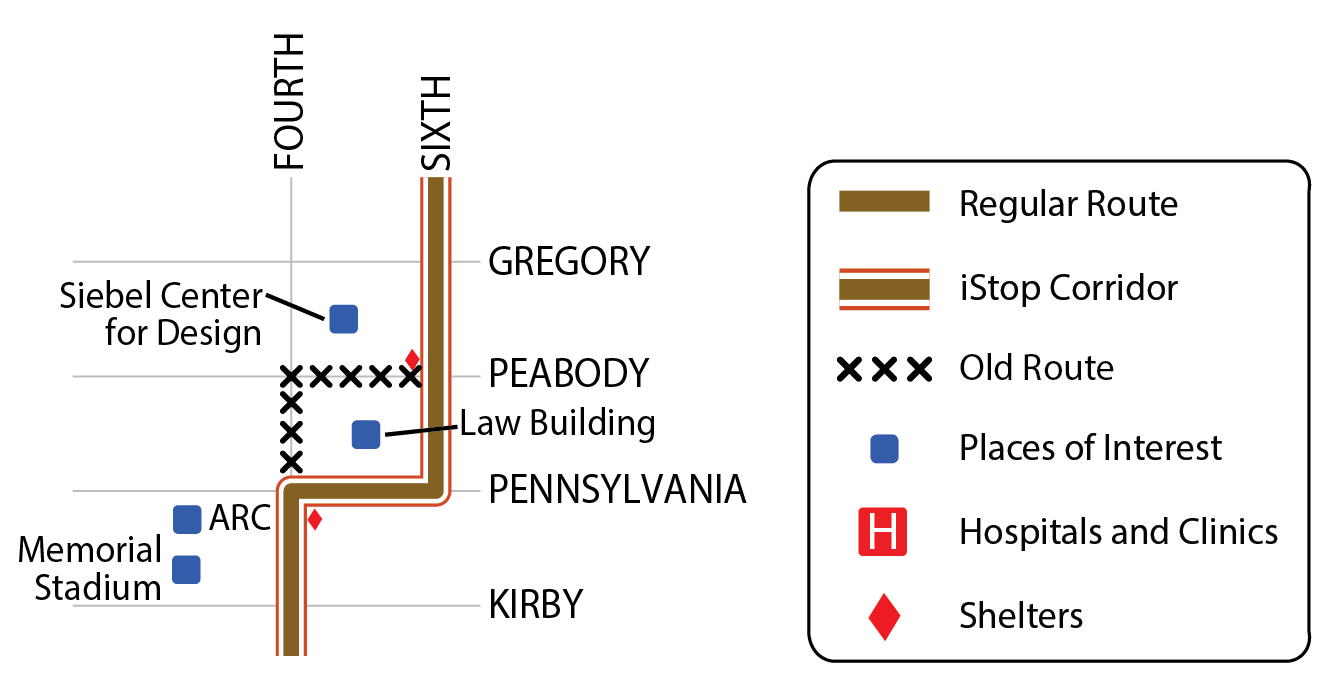 Map illustrating a proposed routing change on the 9 Brown, which will operate on Pennsylvania Avenue instead of the current Peabody Drive.