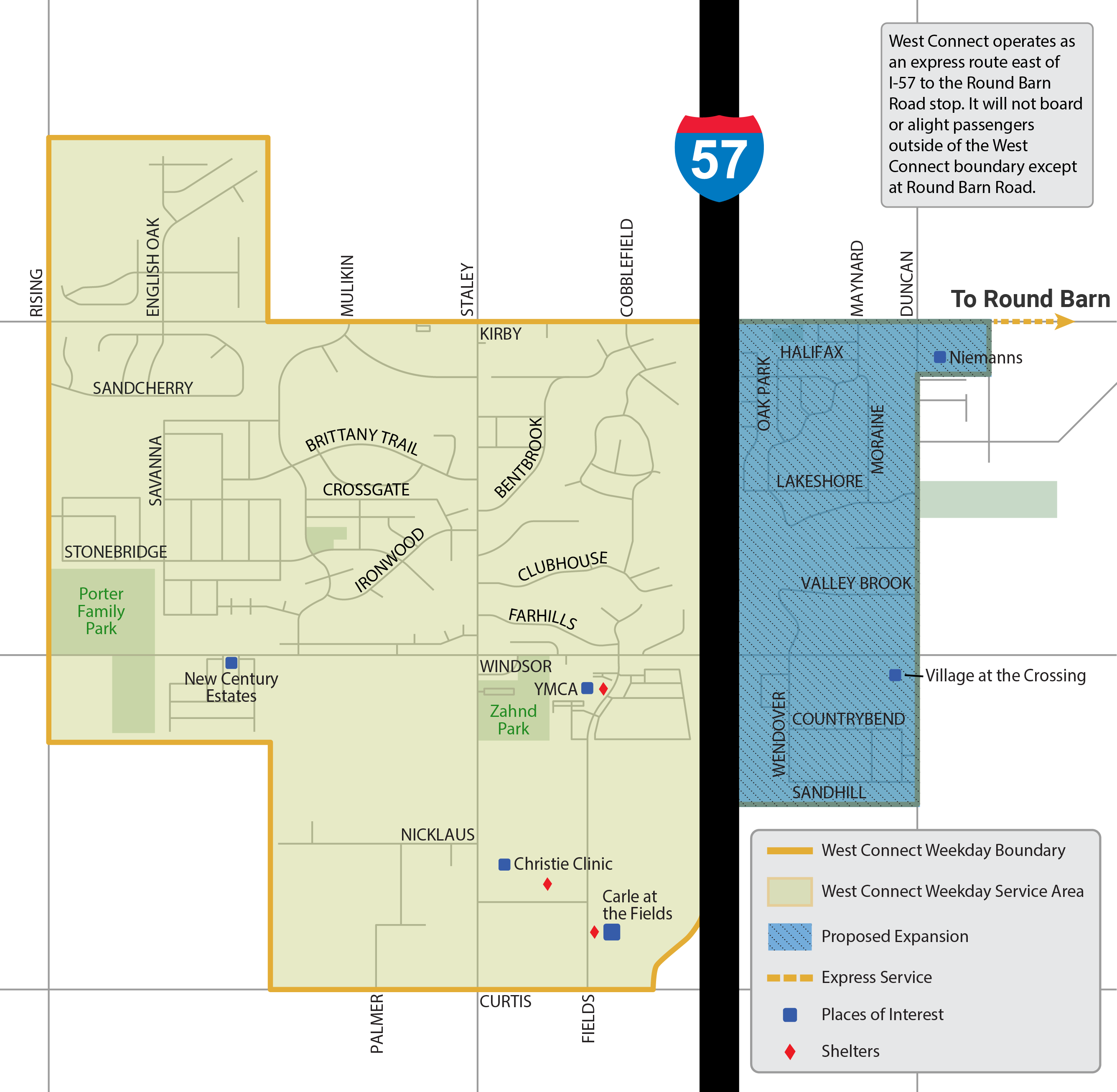 West Connect: "Map displaying a proposed West Connect service area expansion, encompassing the Maynard Lake neighborhood and shopping center at the intersection of Kirby Avenue and Duncan Road in Champaign, Illinois.